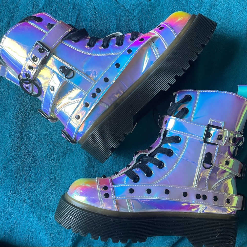 Strange Cvlt YRU Disorder Bondage iridescent combat boots studs straps